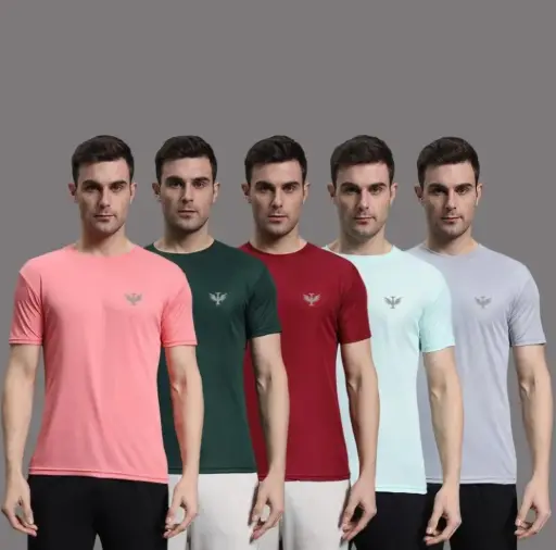 Pack of 5 Men Solid Round Neck Polyester Multicolor T-shirt