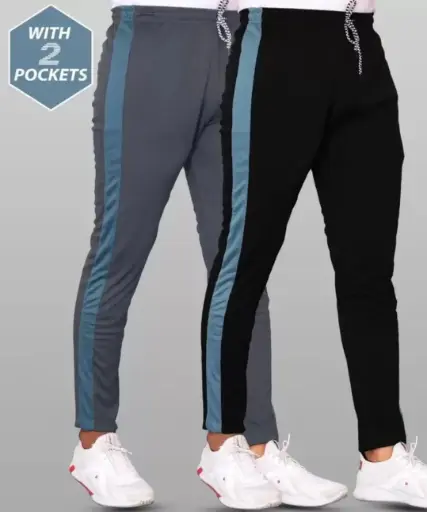 Pack of 2 Men Striped Blalck, Grey Track pants