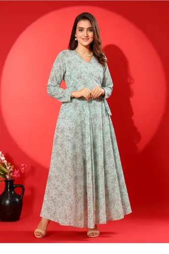 Women Fit and Flare Light Green Full Lenght Dress